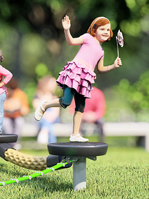 Gerendertes Bild eines kleinen Kindes, das auf einer Balancierplattform auf dem Spielplatz balanciert.